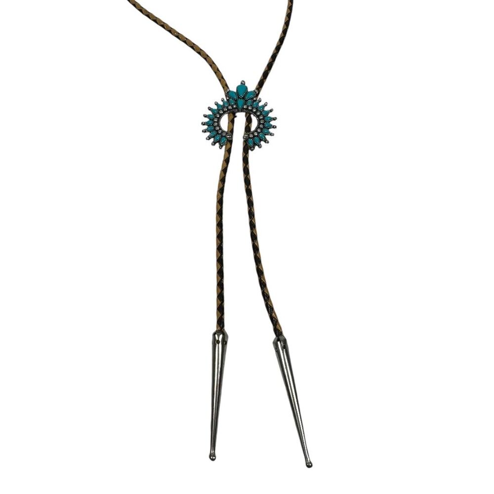 Boho Western Faux Turquoise Bolo Tie Necklace Squash Blossom Brown Tan Rodeo - Picture 2 of 5